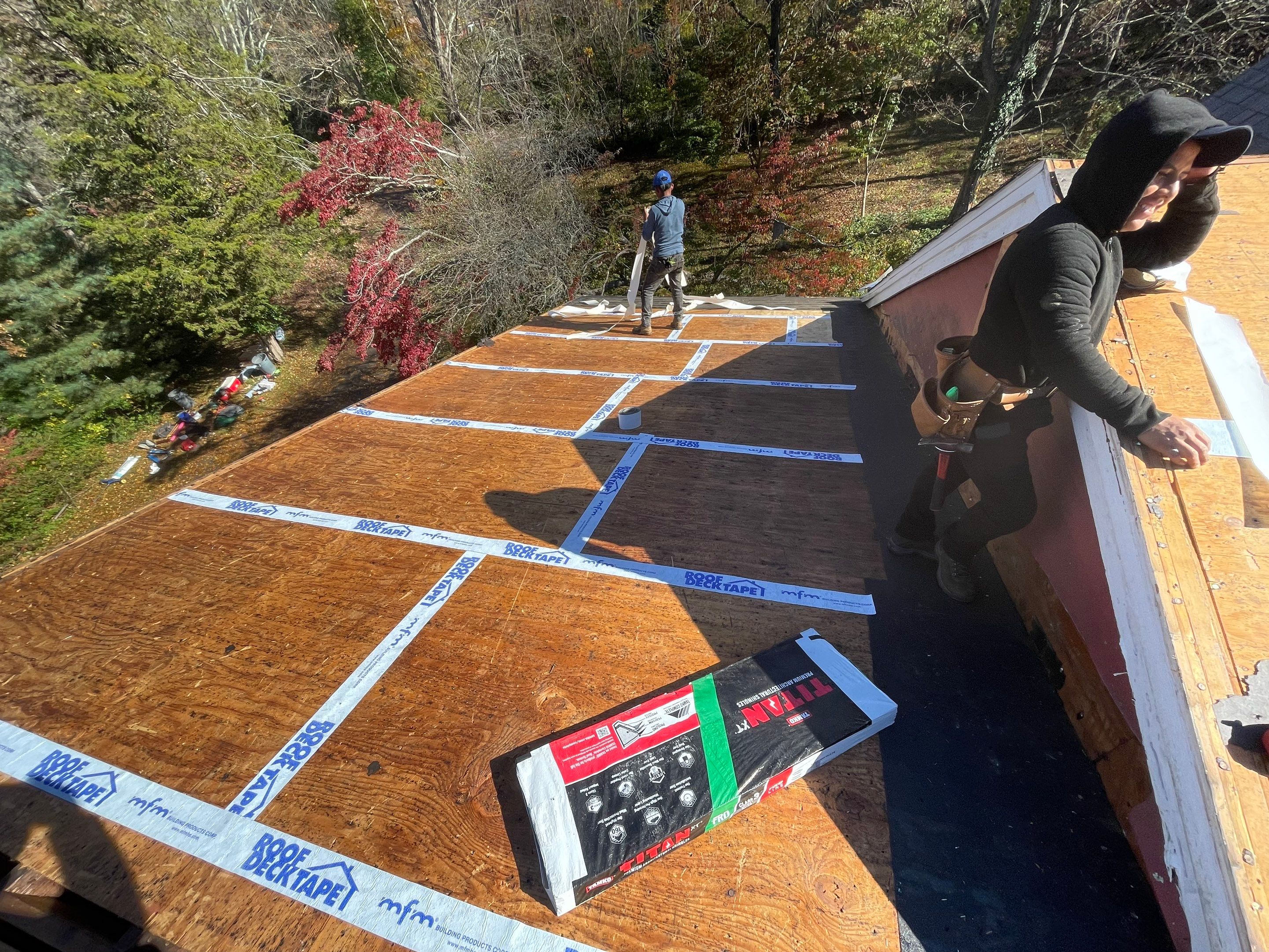 Residential Roofing Installation using Owens Corning TruDefinition Duration AR - Estate Gray & White Double 4 Siding by A Plus Exterior