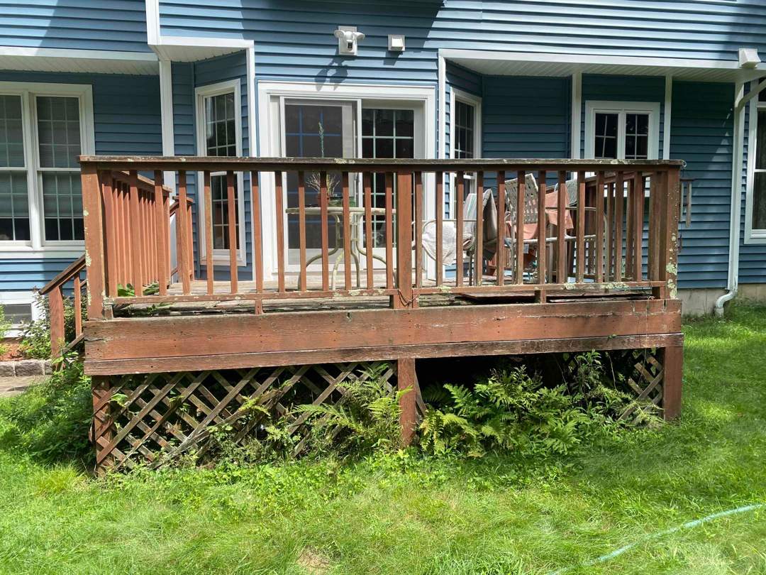 Deck replacement using Trex lineage Rainier with angled edges, Transcend cocktail rail and lattice. by DiGiorgi Roofing and Siding Inc