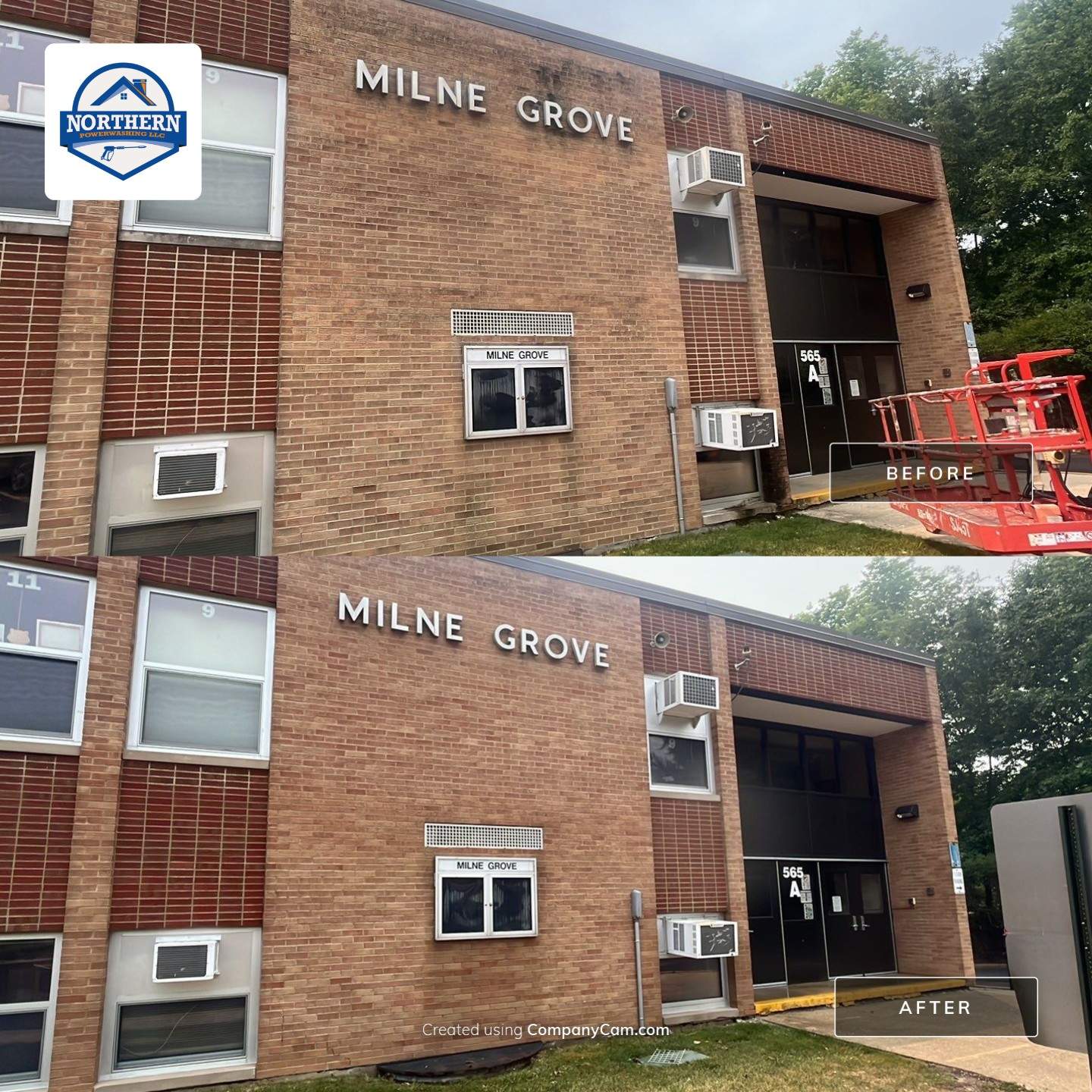 Commercial brick exterior cleaning by Northern Power Washing LLC.