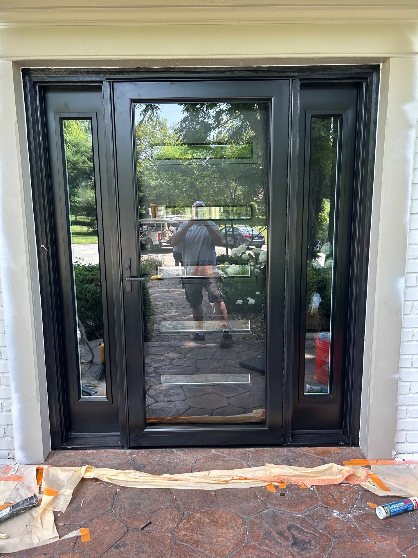 Black Entry Door with Sidelights and Modern Glass in Indianapolis by Merrifield Exteriors, LLC