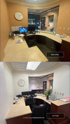 Before and after photo of a medical office front desk area repainted from gold to white by Hill Country Painting in Austin, TX