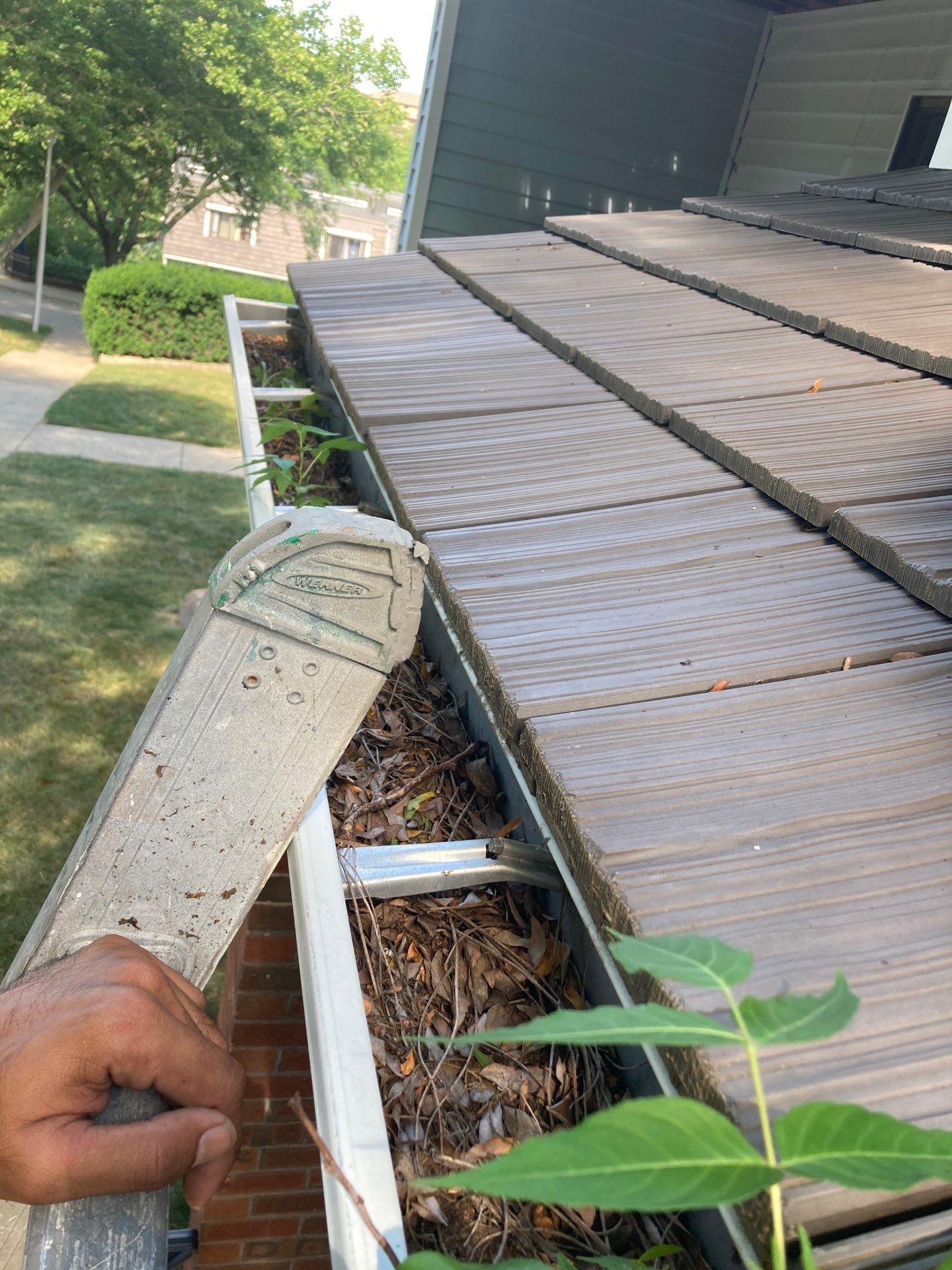 Commercial gutter cleaning Massachusetts before photo with filled gutters