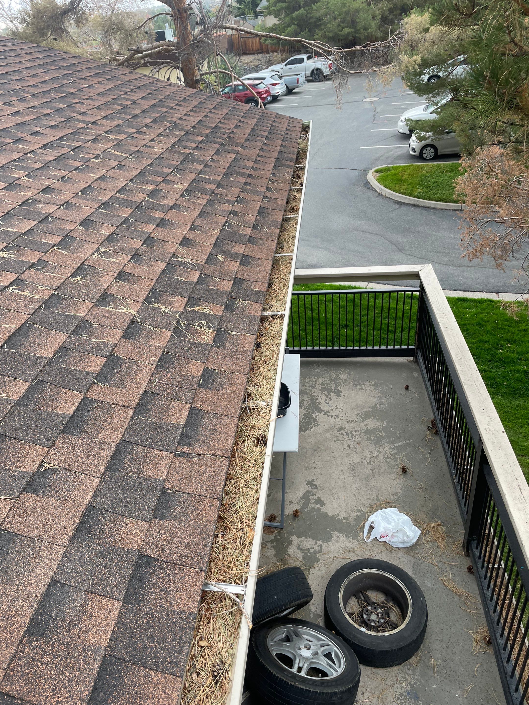 Commercial gutter cleaning Reno before photo with filled gutters