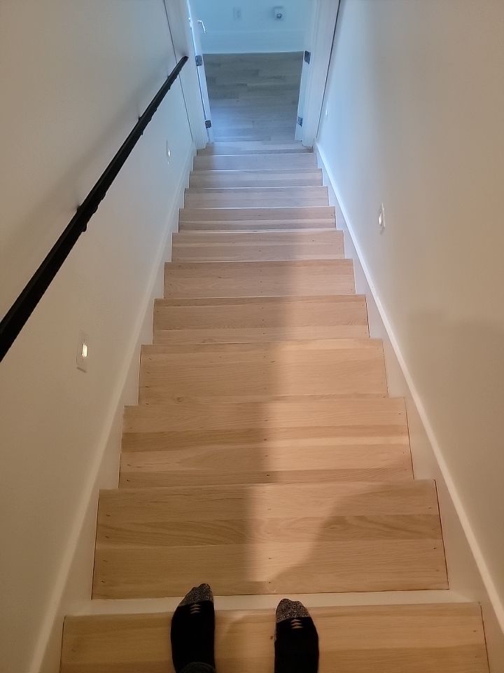 From dark to light, the results are stunning! Beautiful white oak refinish with Country White stain by Footprints Floors of Nashville