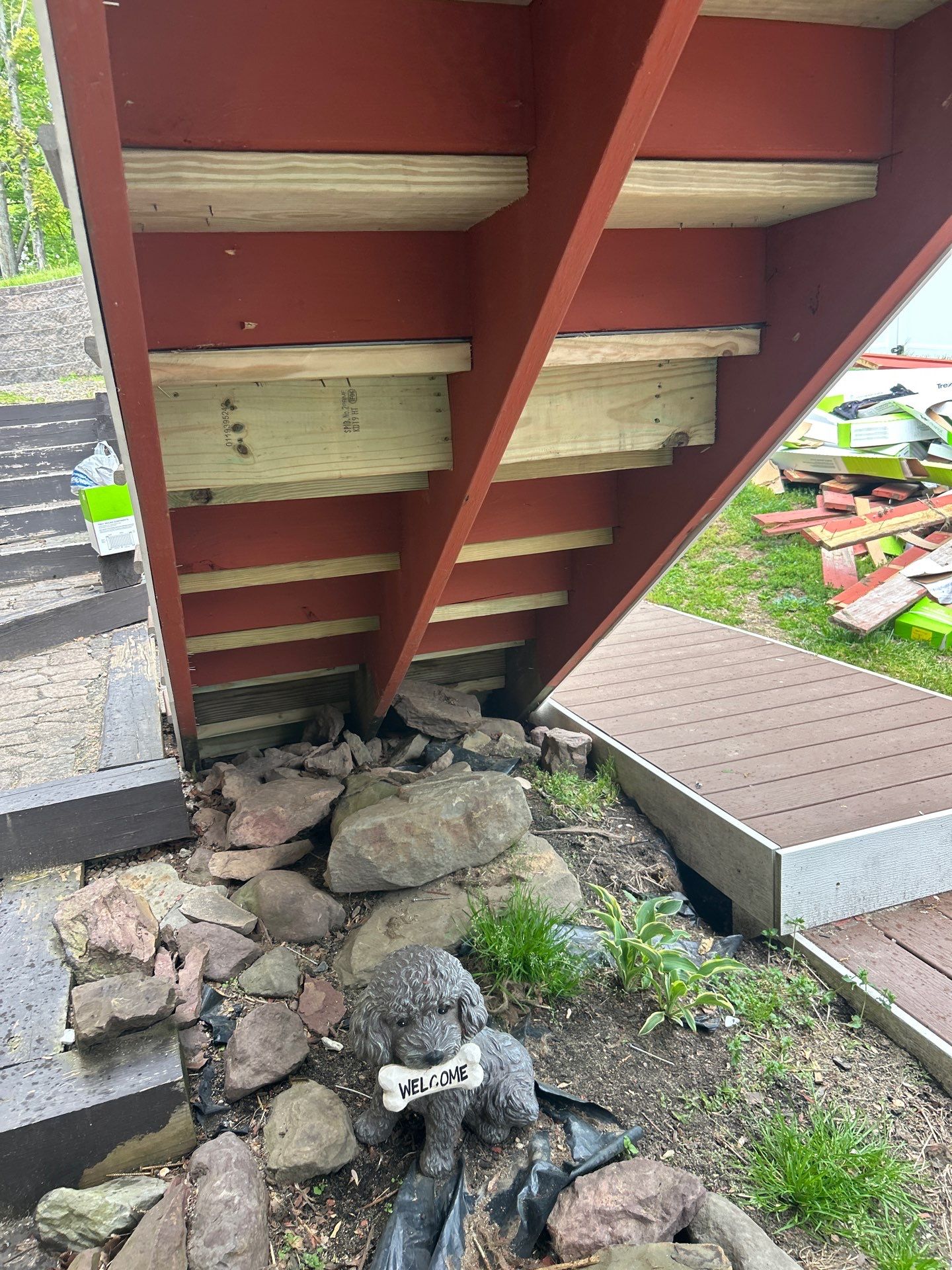 Elevated Composite Deck Replacement with White Railing in Tannersville by Herts Roofing & Construction
