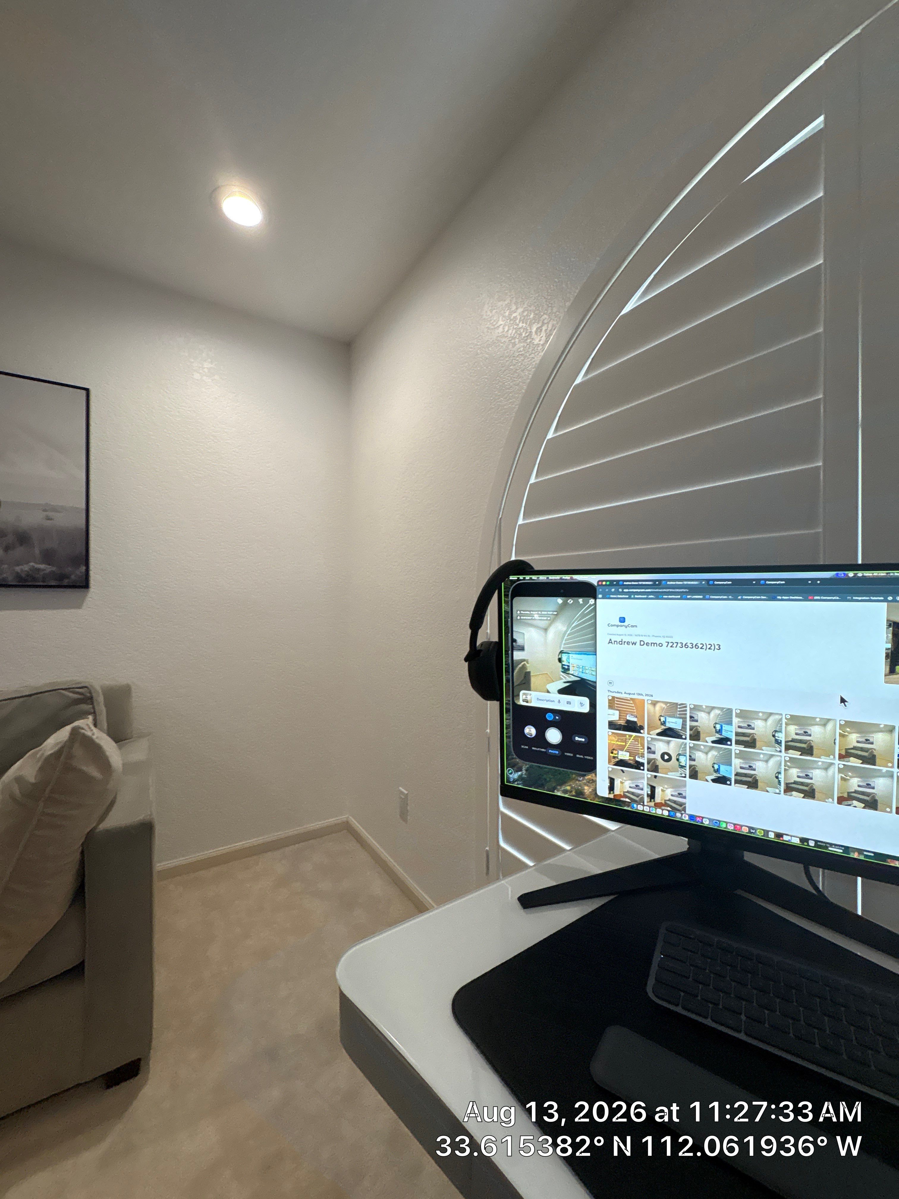 Phoenix Home Office Setup with Plantation Shutters and Media Wall by CompanyCam Sales Demo