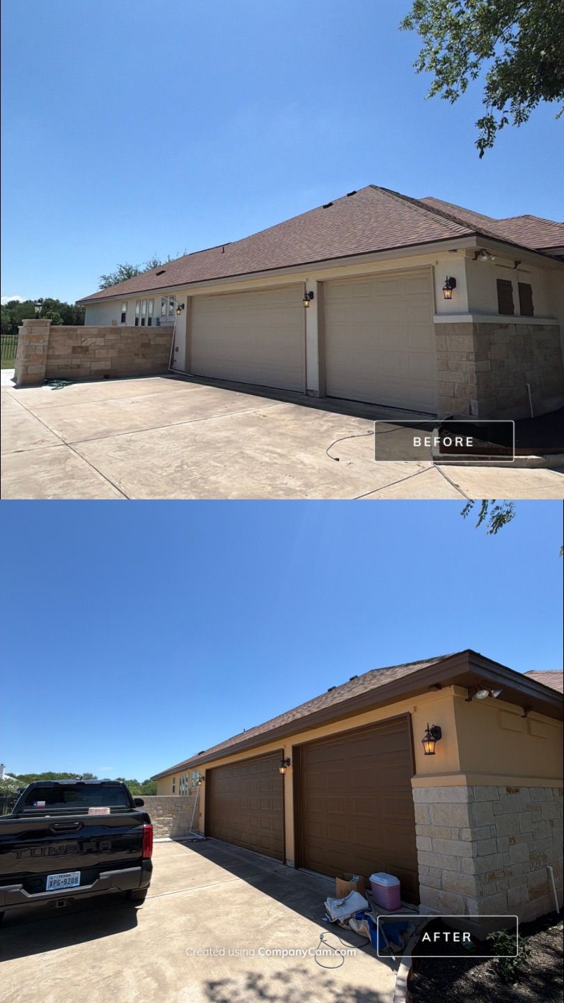 Before and after photo of garage door painting on a home in Liberty Hill, TX