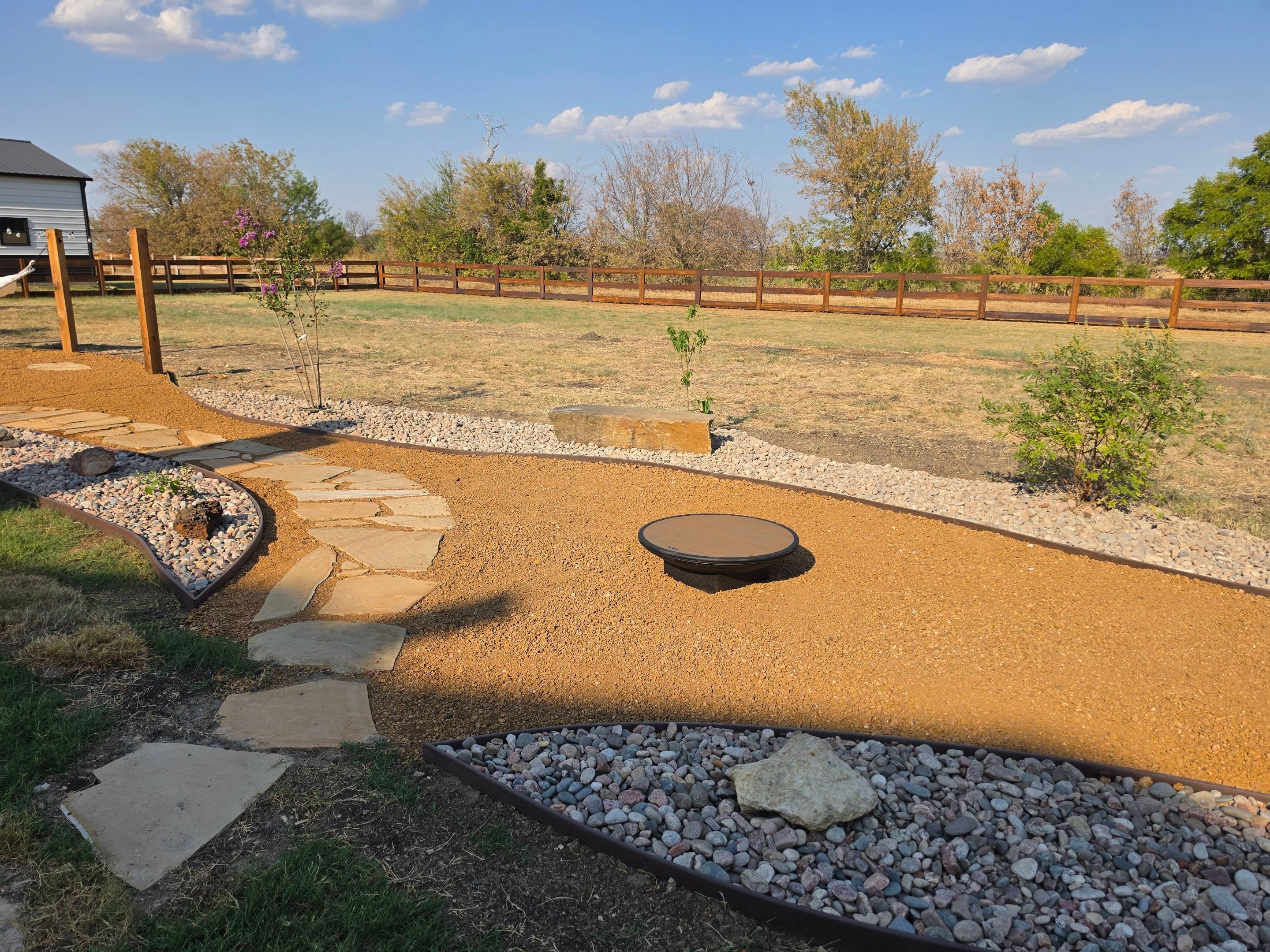 Argyle Residential Landscape Installation with Flagstone Path and Outdoor Seating by Conserva Irrigation NW Dallas