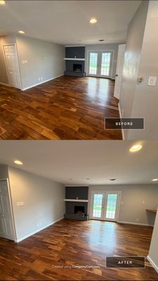 Before and after photo of a living room and fireplace repainted by Hill Country Painting in Austin, TX