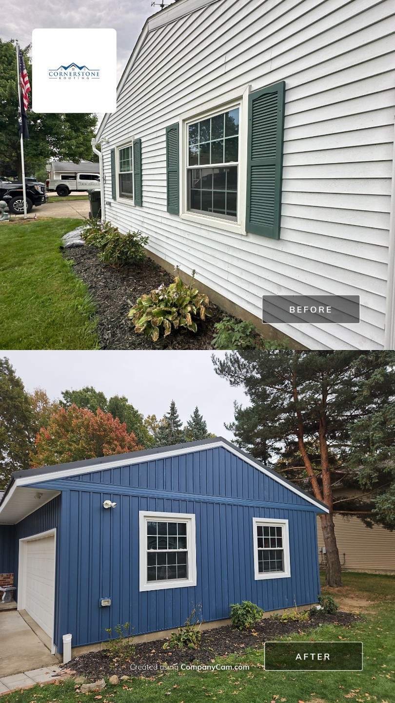 Wadsworth Exterior Transformation Featuring Blue Vertical Siding and Metal Roofing by Cornerstone Roofing And Siding
