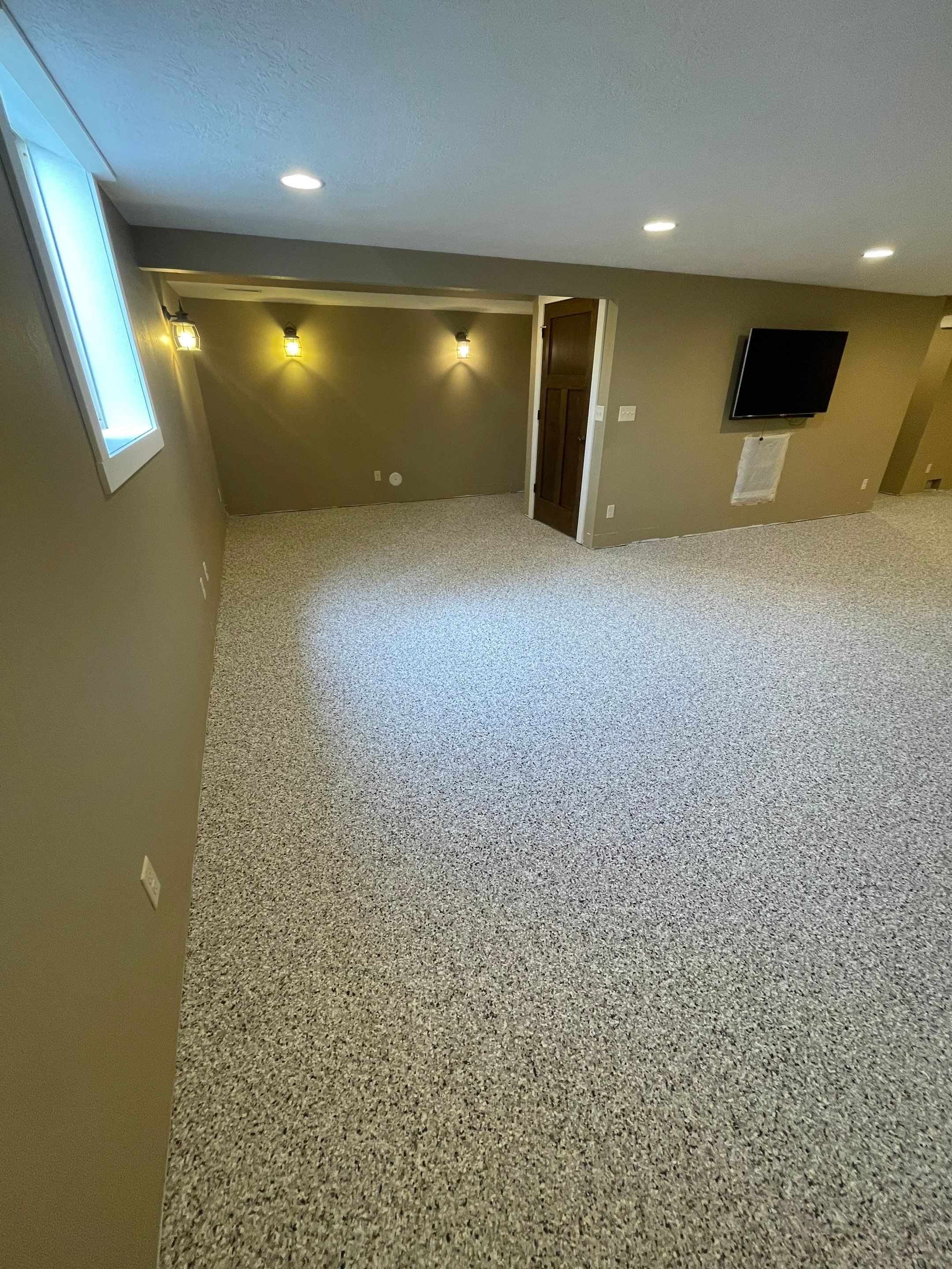 Decorative Flake Concrete Floor Coating for Larchwood Basement by Select Painting, Coatings & Garage Cabinets