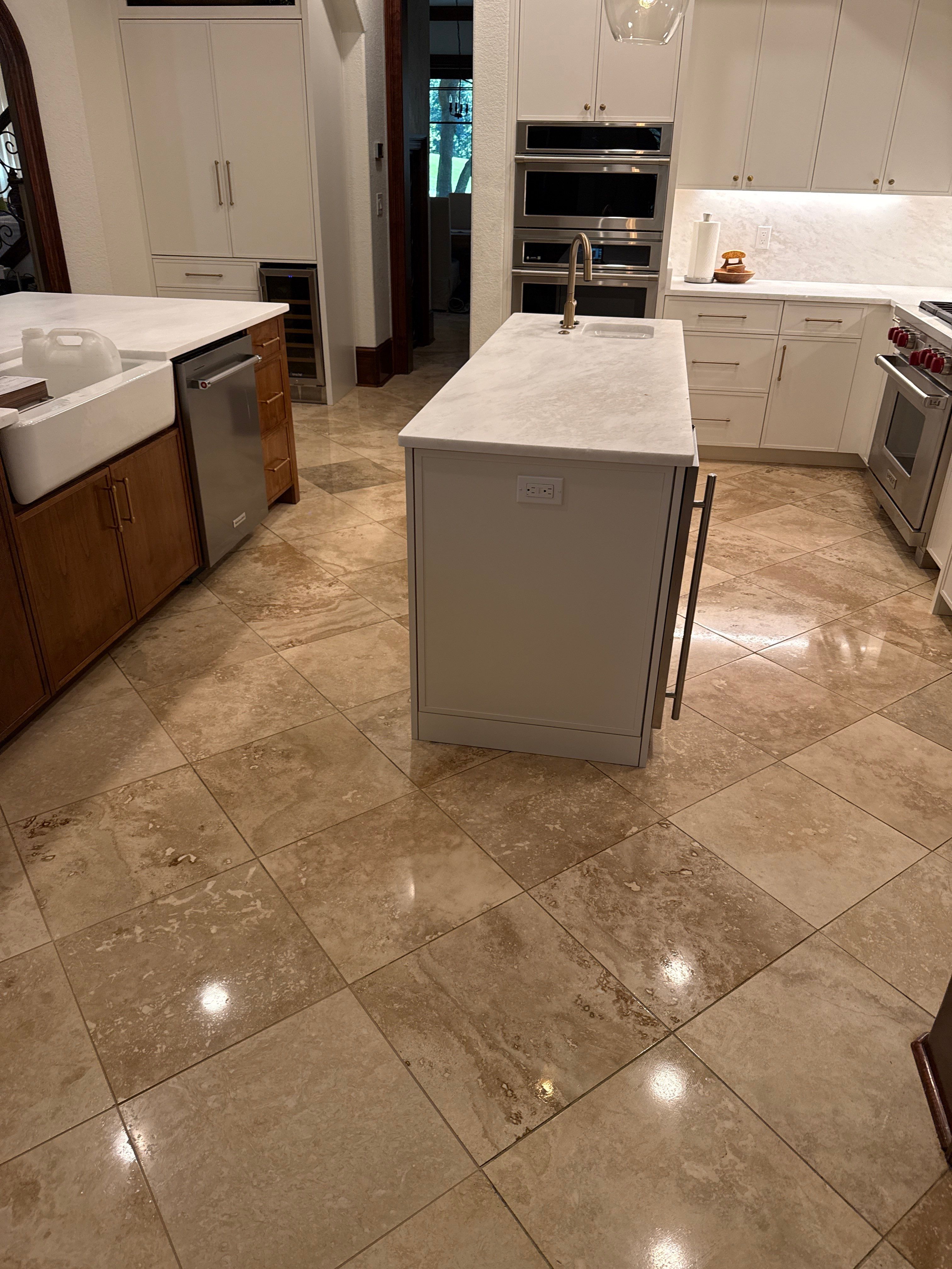Polished Travertine Floor Restoration for Gulf Shores Residence by Cornerstone Hard Surface Restoration