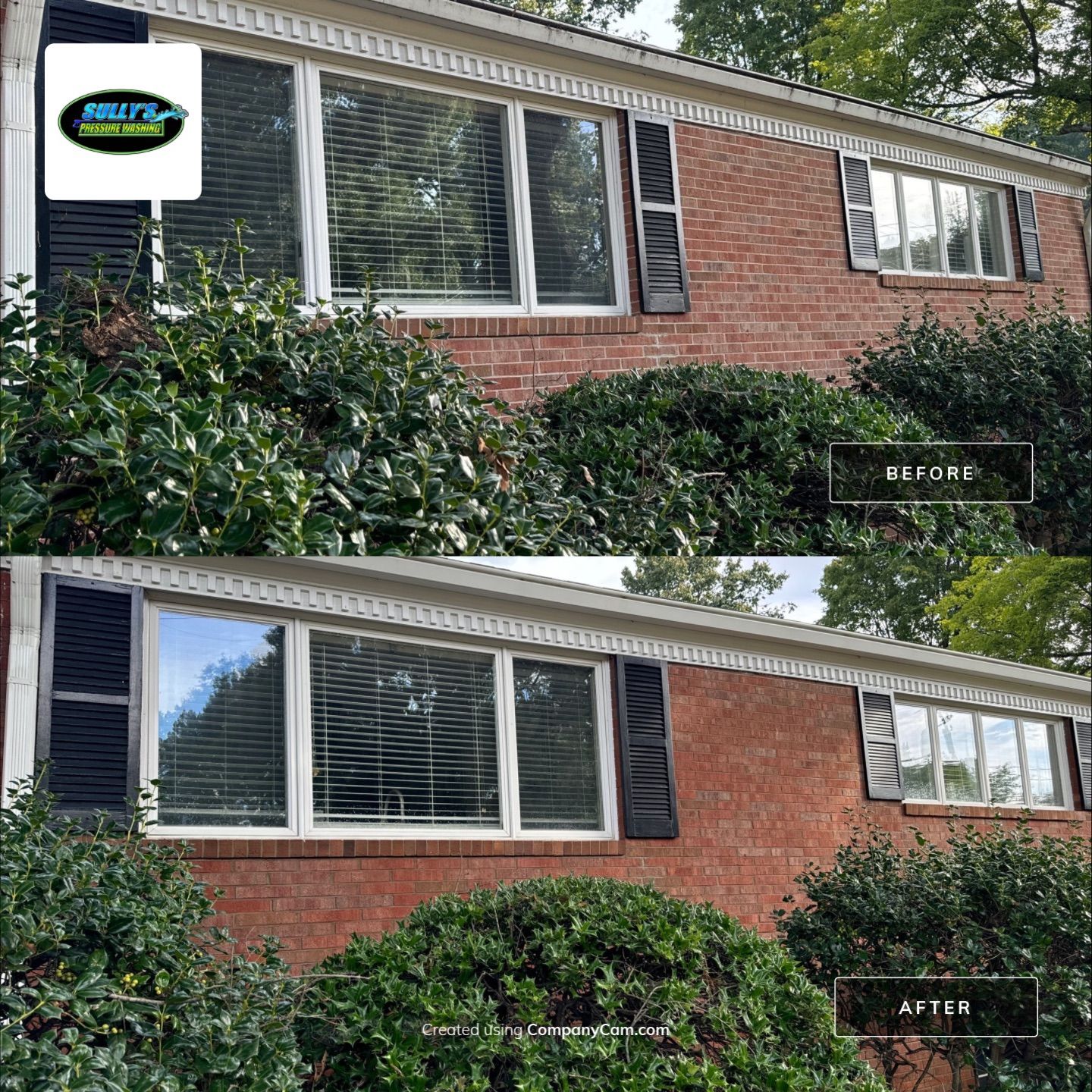 the service shown is window cleaning on a brick house improving the appearance of the glass and surrounding surfaces