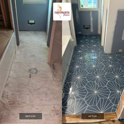 Jack & Jill Bathroom Floor + Dog Washing Nook with Niche using Porceline Subway Tile