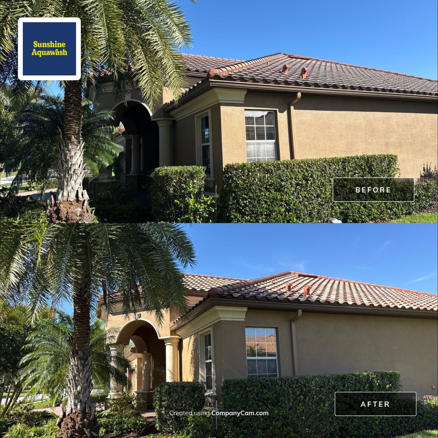 This project focused on a full gutter clean-out to restore proper water flow and prevent overflow issues.  Our scope of work included: 	•	Removing heavy leaf and pollen buildup from the gutter system 	•	Clearing out clogged sections along the rear gutters near the pool cage, where debris tends to accumulate more heavily 	•	Inspecting and cleaning the front gutter guards, which had several blocked areas restricting water flow 	•	Ensuring all downspouts and channels were flowing properly after service  Even with gutter guards installed, debris like pollen, shingle grit, and fine organic matter can still build up over time—especially in Florida’s environment. Regular maintenance helps prevent water damage, overflow, and staining on exterior surfaces.  Another thorough job completed by Sunshine AquaWash® – keeping homes protected from top to bottom. by Sunshine AquaWash