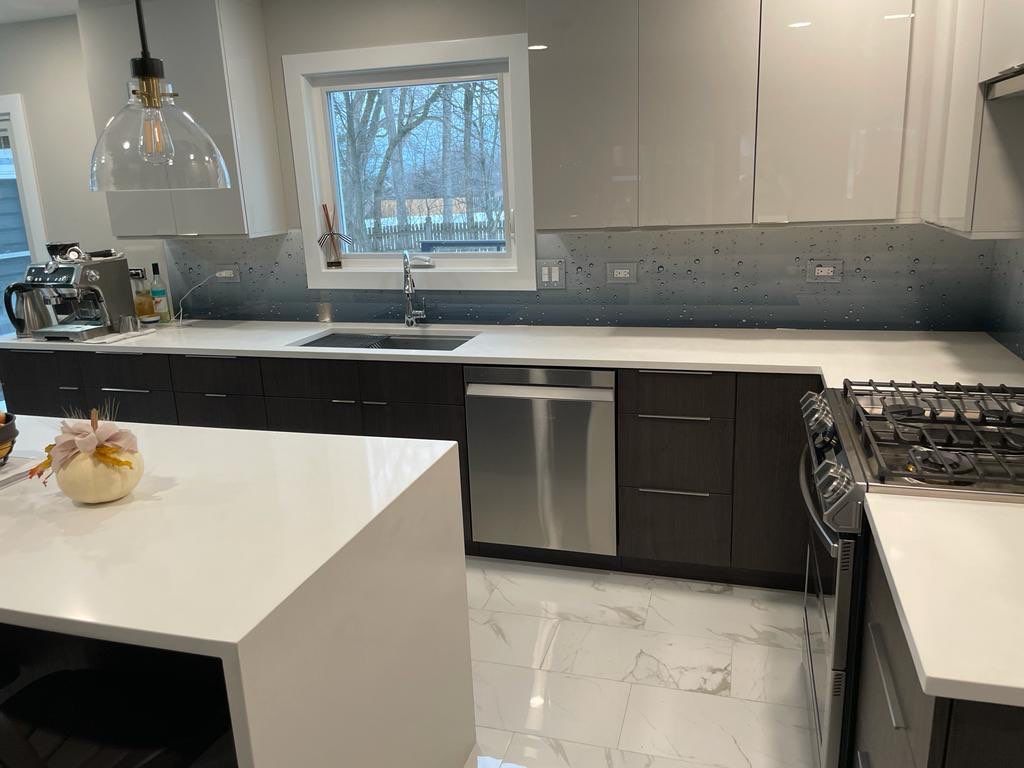 Let It Rain Kitchen Remodel using IMAGIO Solid Glass Backsplash by IMAGIO