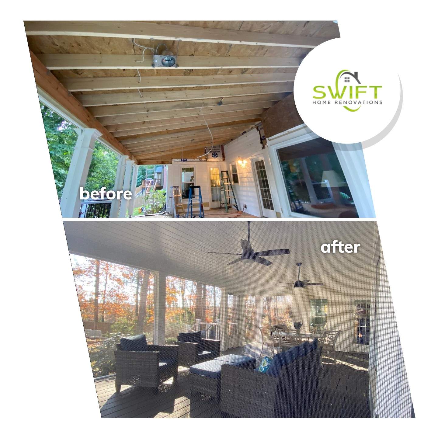 Custom Screened Porch with Beadboard Ceiling and Composite Decking by Swift Home Renovations