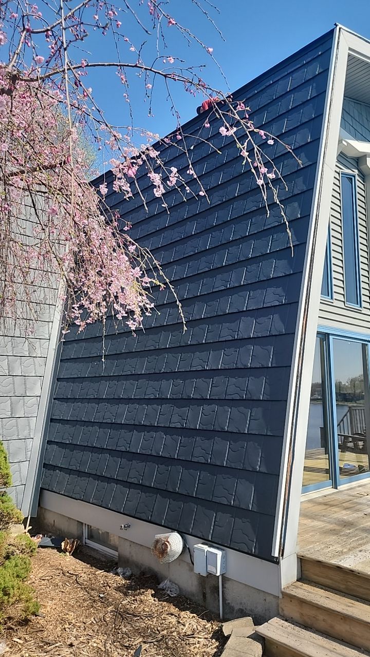 Metal Slate Shingle Roof in Sturgis, Michigan – “Darth Vader Helmet” Home by 4Ever Metal Roofing