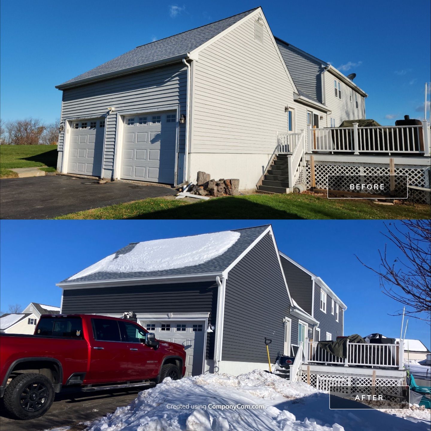 Drastic siding color change with Cert. Monogram D/4 x 12'6" clapboard, Smoky Gray by DiGiorgi Roofing and Siding Inc