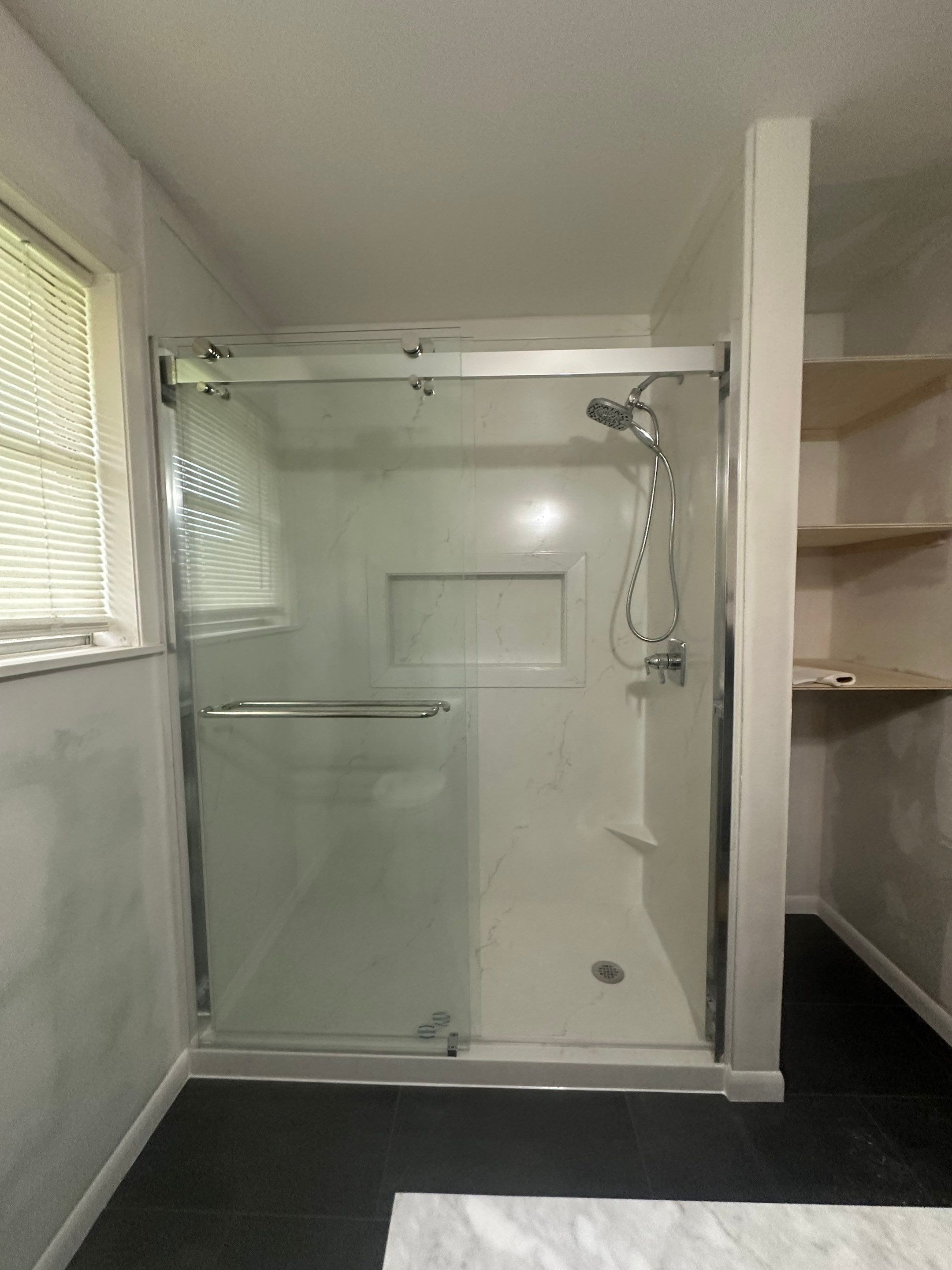 Tub to Walk in Shower and new vanity, mirror in Round Top by Lane Lauritsen - The Hill Country, Texas