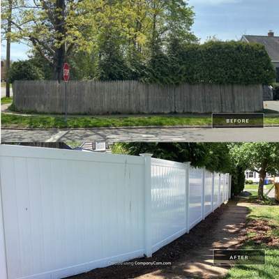Fence replacement with White Vinyl privacy fence and matching gates 