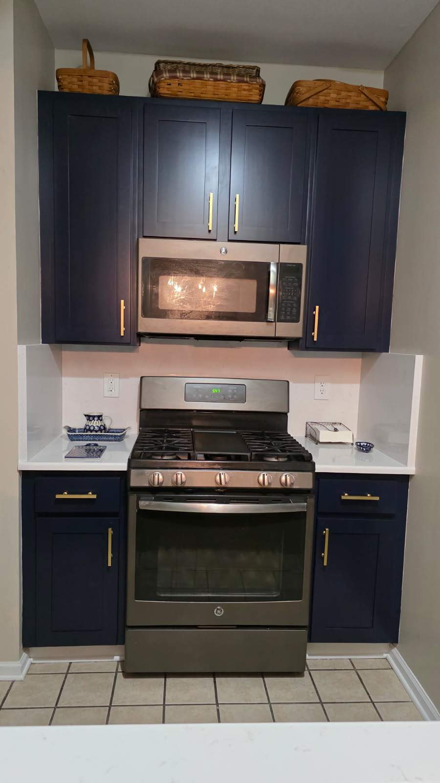 Modern Navy Blue Cabinet Refacing with Quartz countertop replacement in Harrison Township by Top Shelf Painter