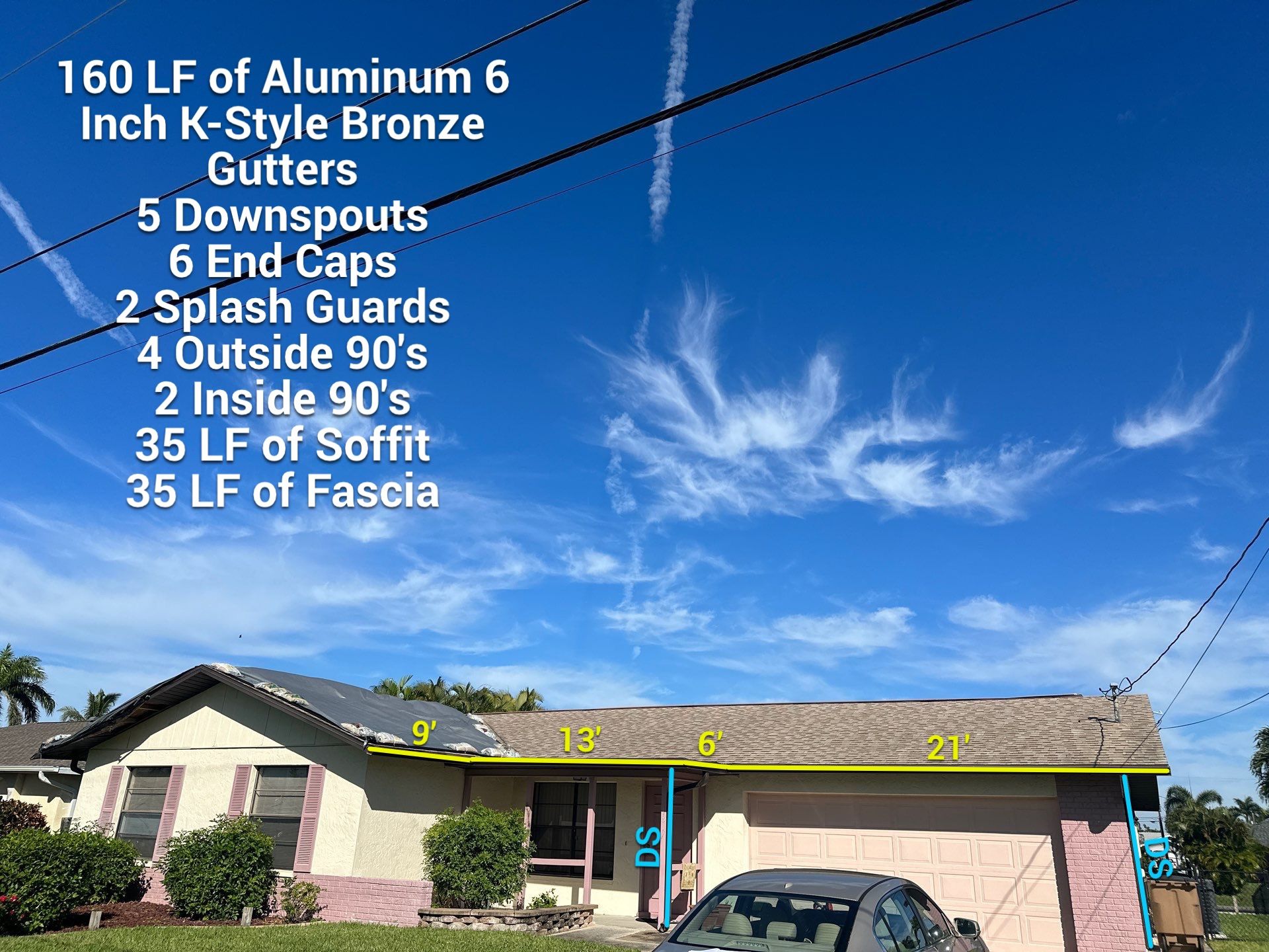 6-inch Aluminum Bronze Seamless Project with Downspouts, Splash Guards. Soffit&Fascia in Cape Coral FL by Gutter Professors