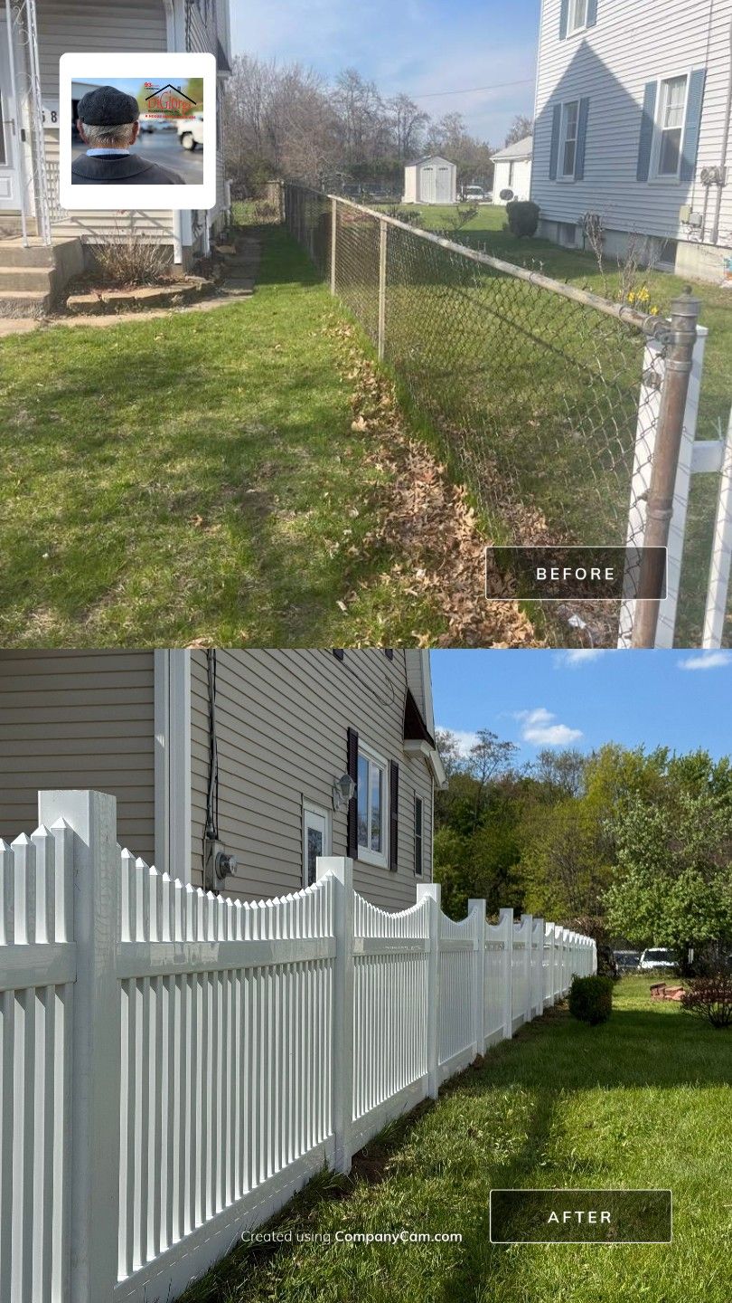Fence replacement using White Vinyl picket with scalloped edge. by DiGiorgi Roofing and Siding Inc