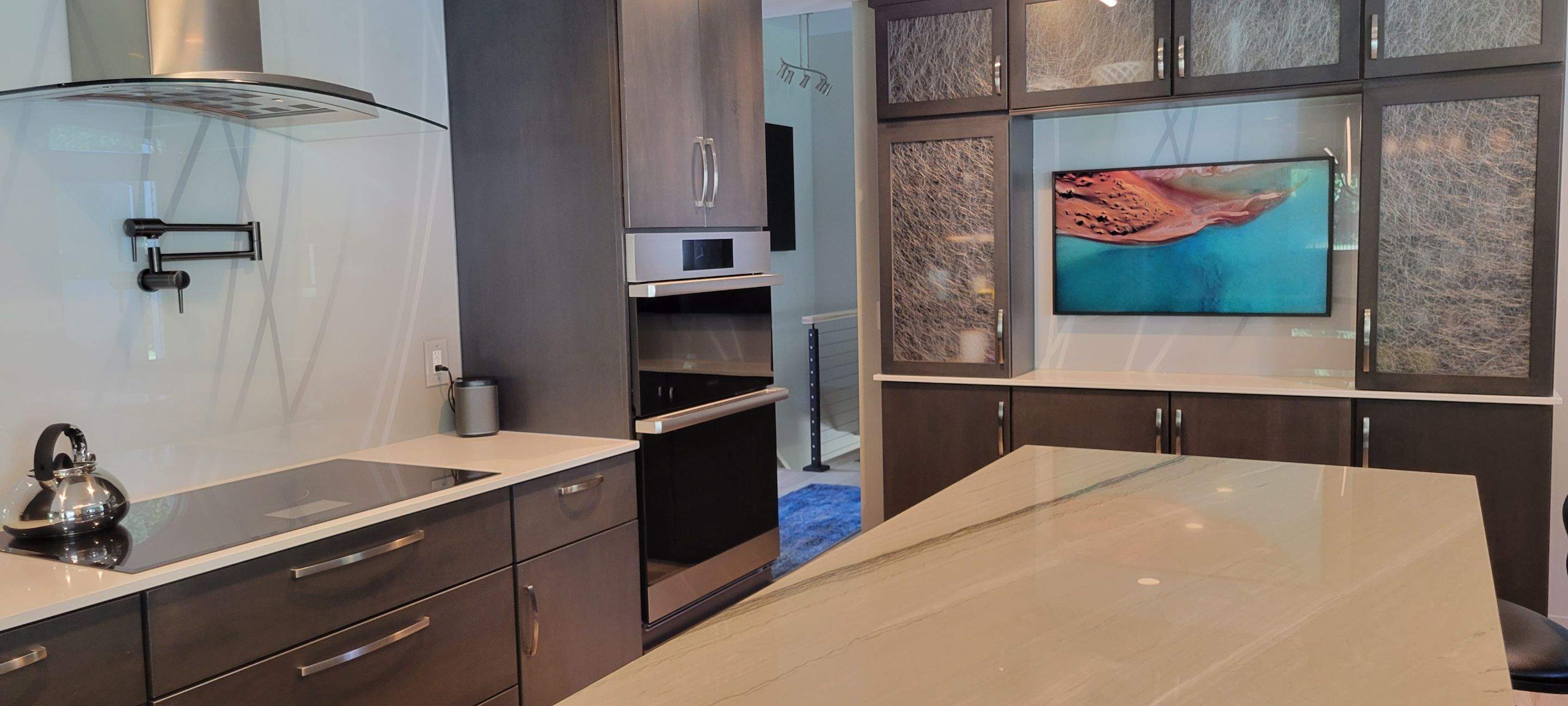 Kitchen Remodel using IMAGIO Misty Curves Solid Glass Backsplash by IMAGIO