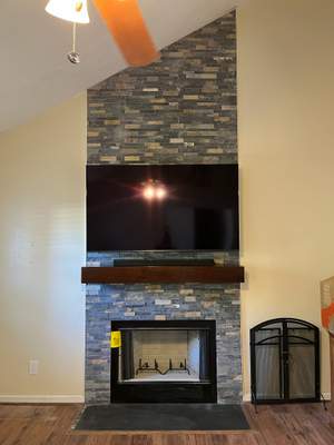 Wood Fireplace + Stone + Mantel