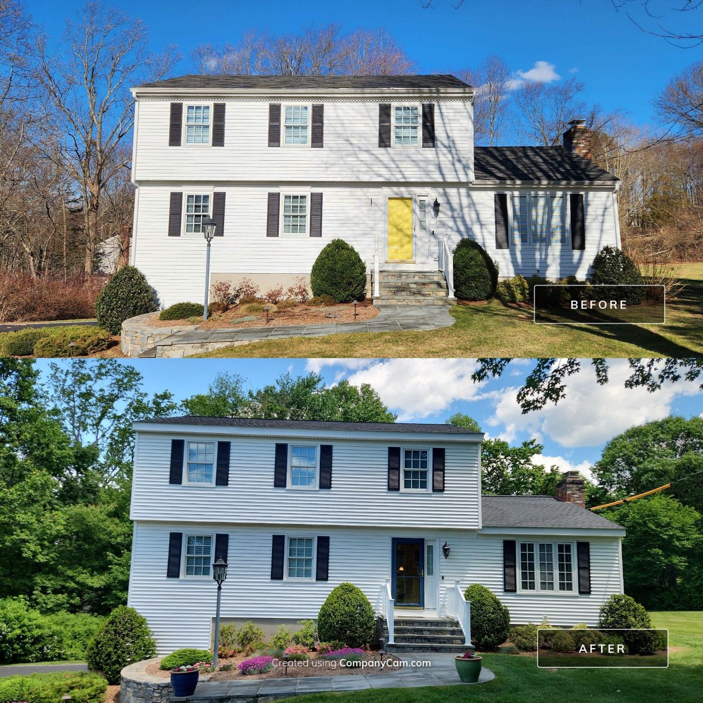Siding update with Cert Cedar Impressions D/7 perfection straight bottom, White & Cert. Monogram D/4 x 25' clapboard, White by DiGiorgi Roofing and Siding Inc