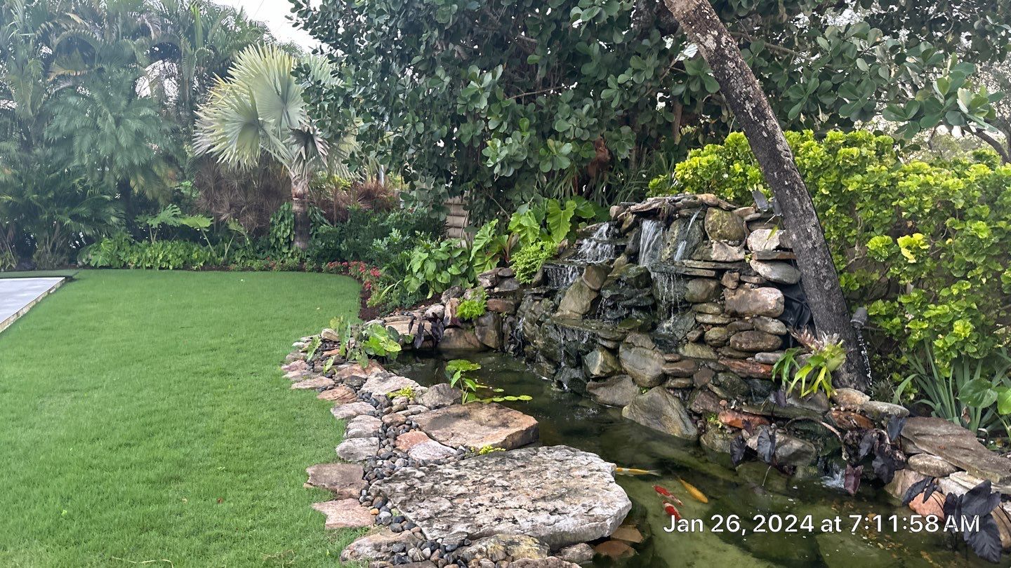 A Beautiful Relaxing Koi Pond with Waterfall in Pinecrest by Nature's Dream Landscape and Tree Service