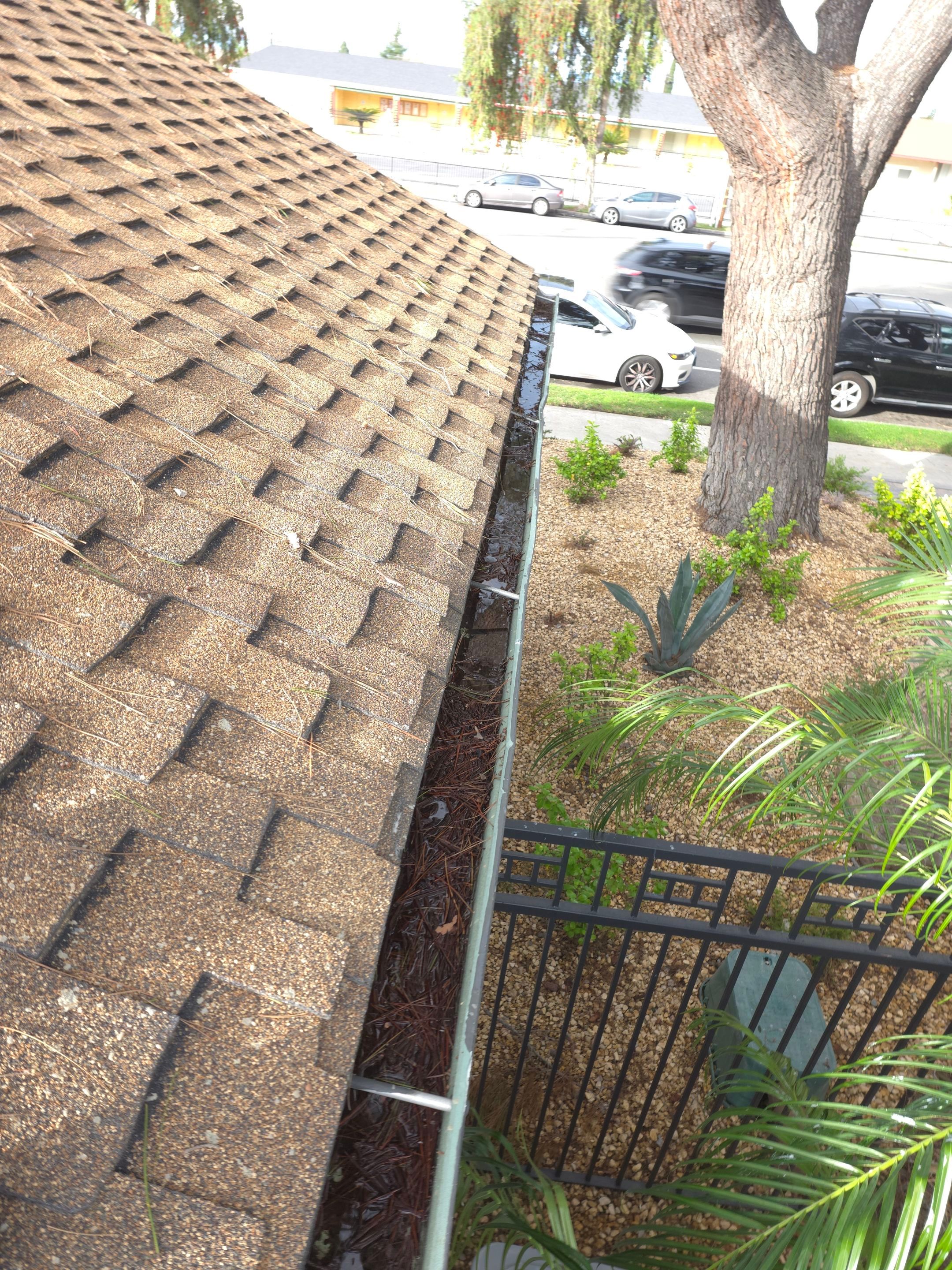 Commercial gutter cleaning Irvine & Newport Beach before photo with filled gutters