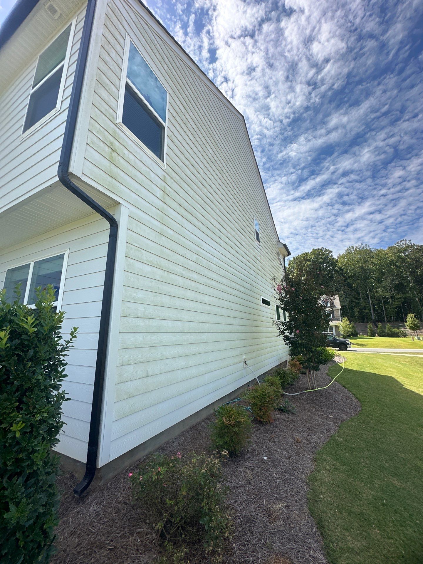 the service being done is cleaning the exterior siding of a house to remove dirt and moss buildup