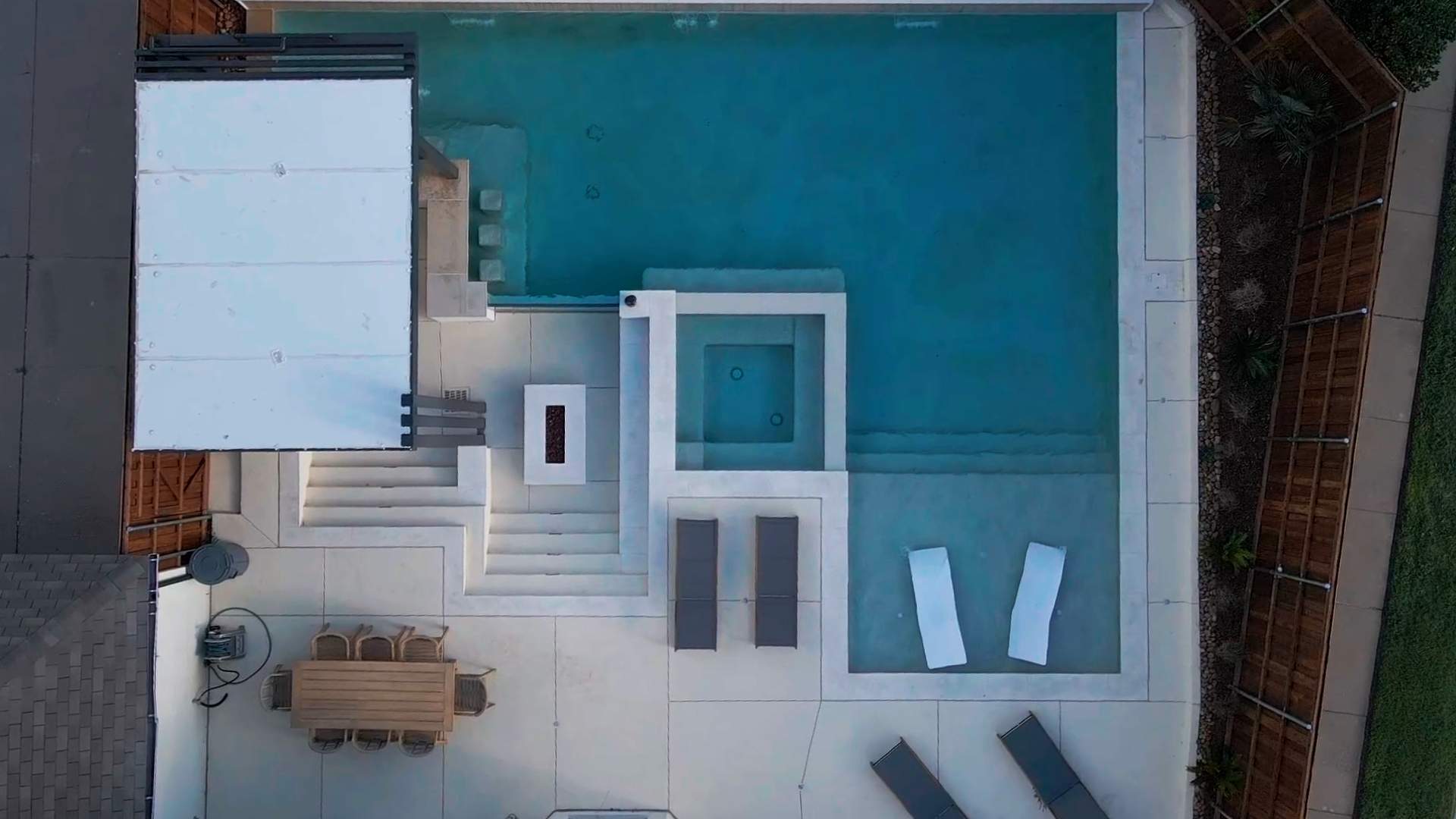 Modern Geometric Pool with Cabana and Fire Feature by Pinnacle Pools and Spas - DFW