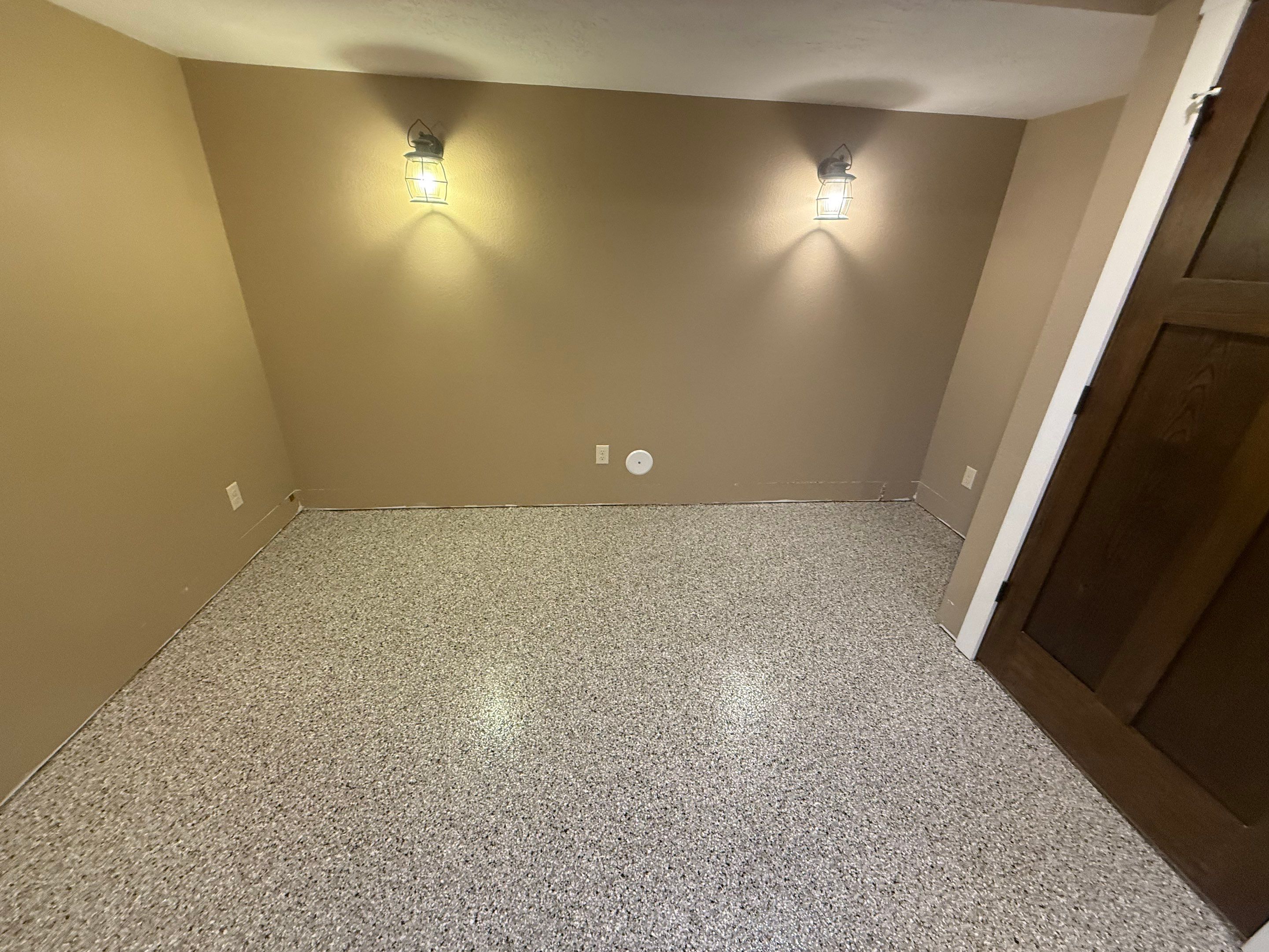 Decorative Flake Concrete Floor Coating for Larchwood Basement by Select Painting, Coatings & Garage Cabinets