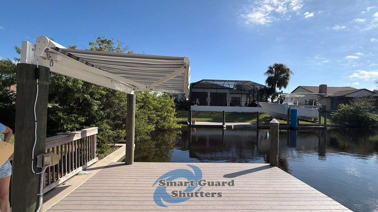 Retractable Awning in Sunbrella Marco Blue Grey by Smart Guard Shutters