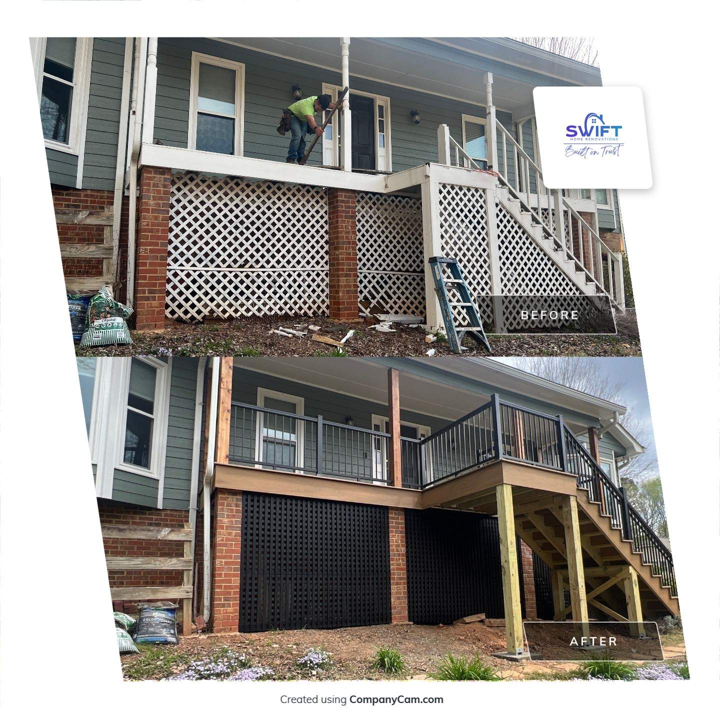 Composite Deck and Porch Renovation With Black Metal Railings by Swift Home Renovations 