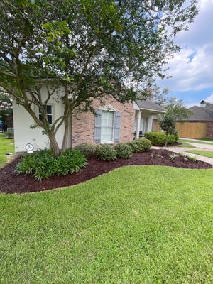 LANDSCAPE SERVICES: DEMO / BED PREP / CUT IN BED EDGES / MULCH INSTALL using BROWN MULCH "BARK BRITE" & ROAD ROCK