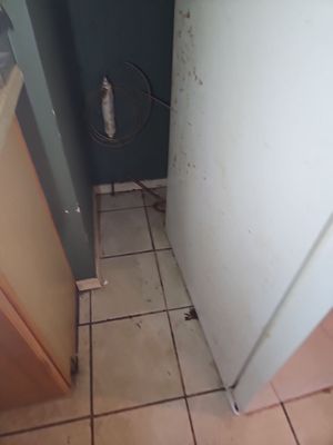 Narrow tiled interior area beside a wall with visible staining and exposed access near the floor.