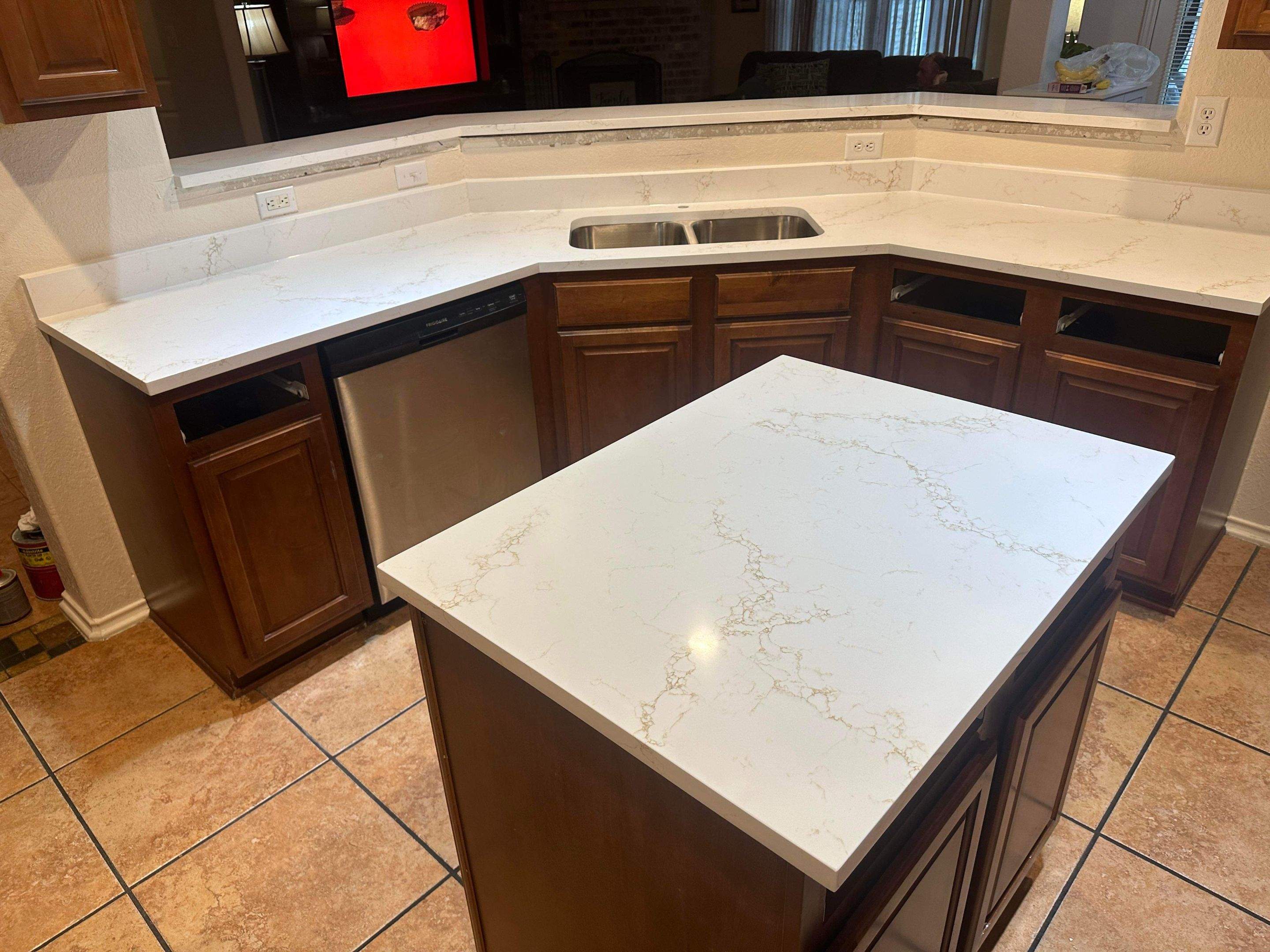 Rainier Gold White Quartz Countertop Installation and Kitchen Upgrade by Mena stone surfaces