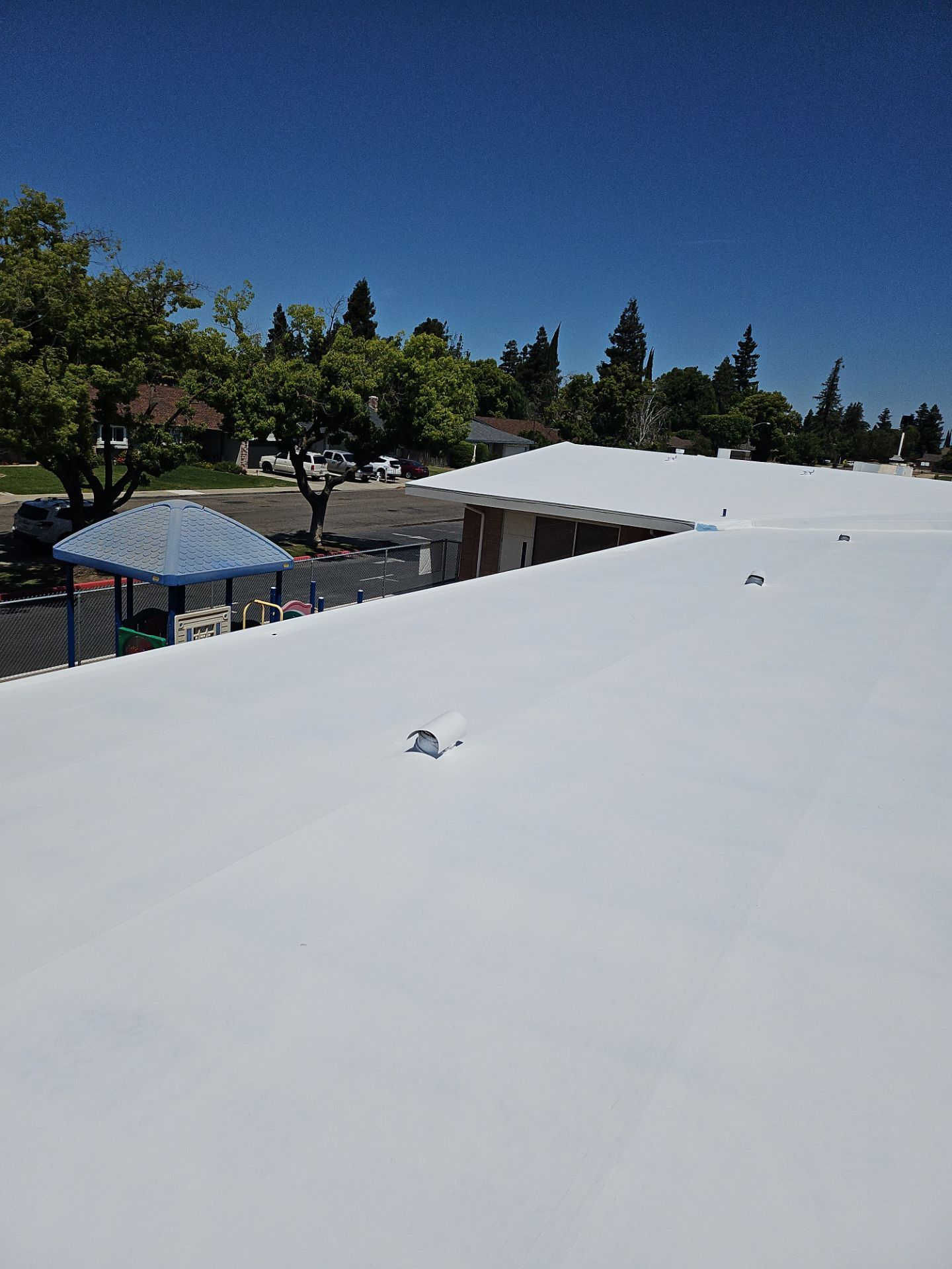 Single-ply restoration system using Benchmark/PUMA XL coatings over TPO single-ply roofing by Straight Edge Roofing Inc