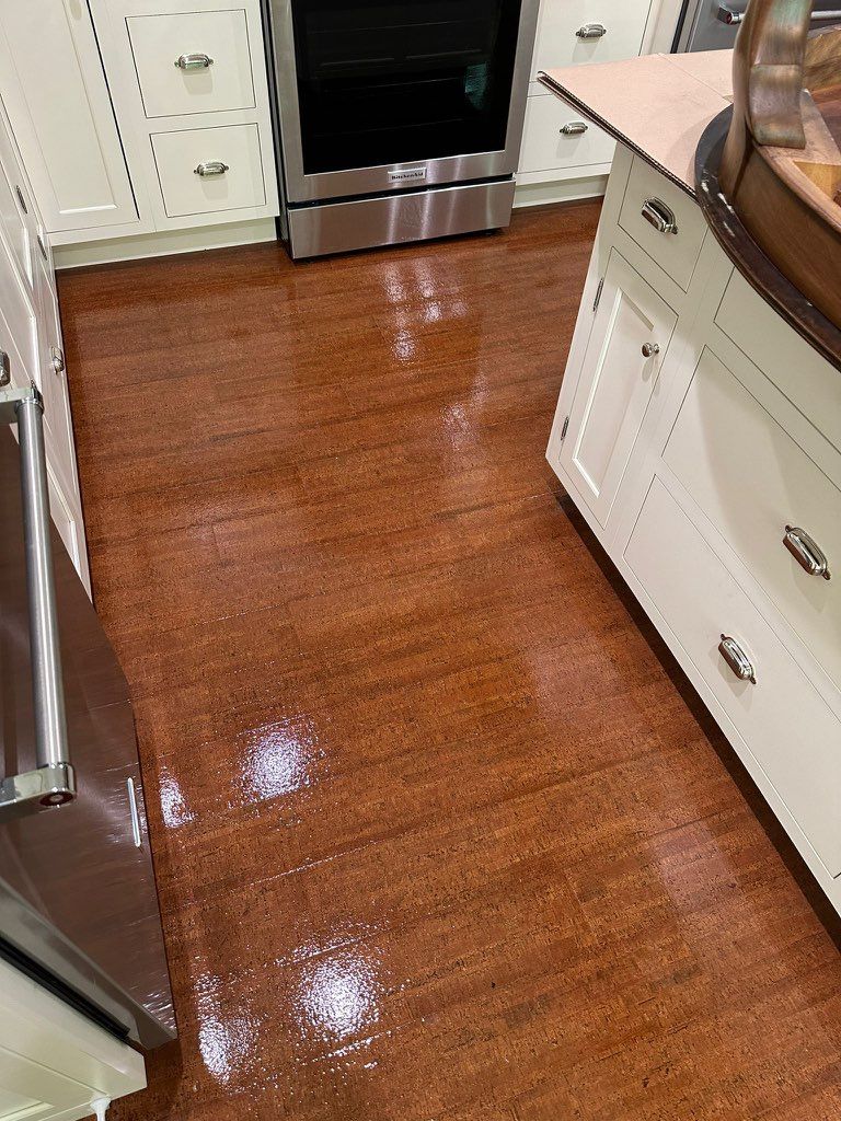 Cork floor refinish using Bona Mega Satin by Footprints Floors Morristown