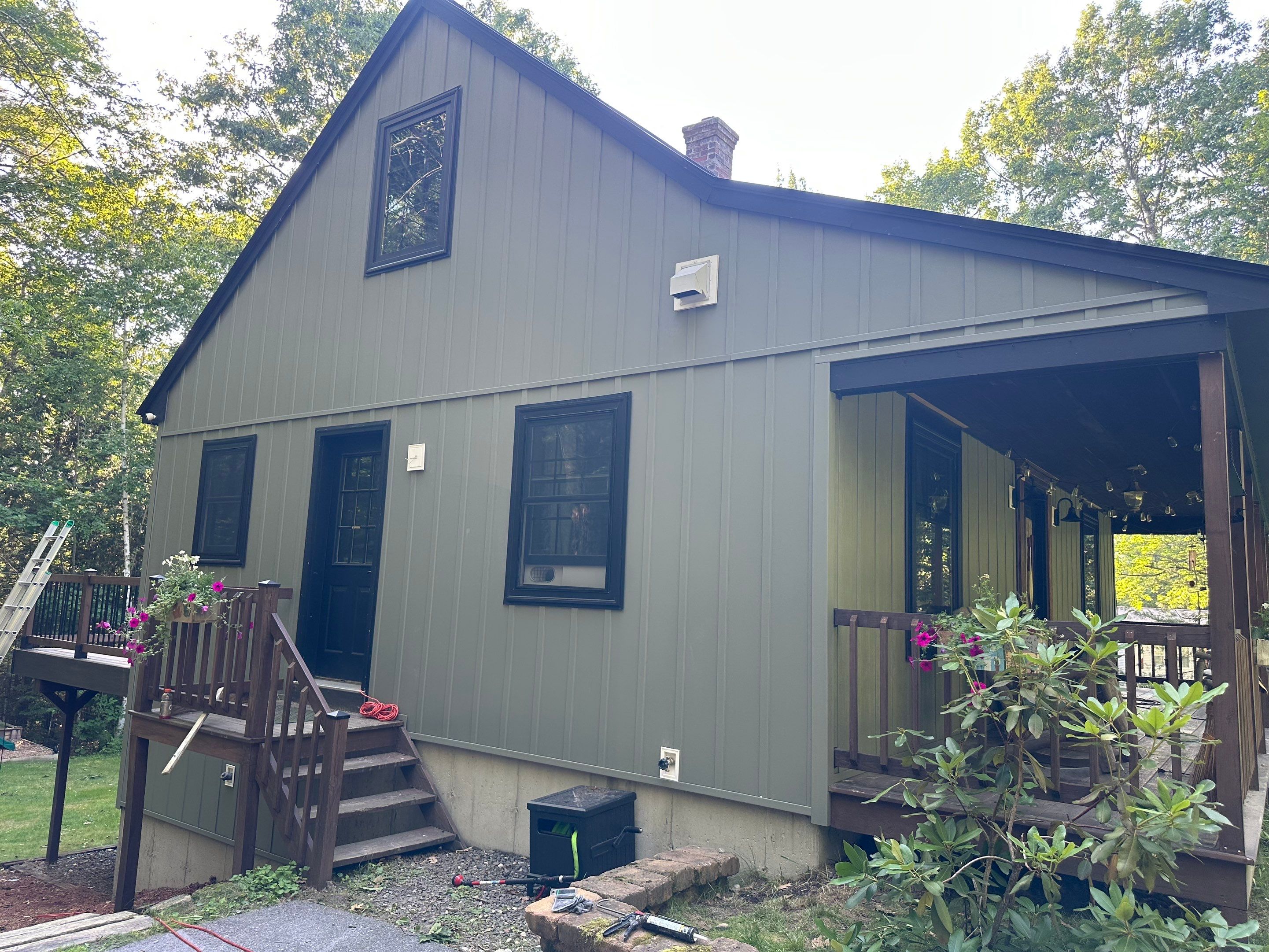 Sage Green Board and Batten Siding and Deck Upgrade in Standish by Tall pine roofing