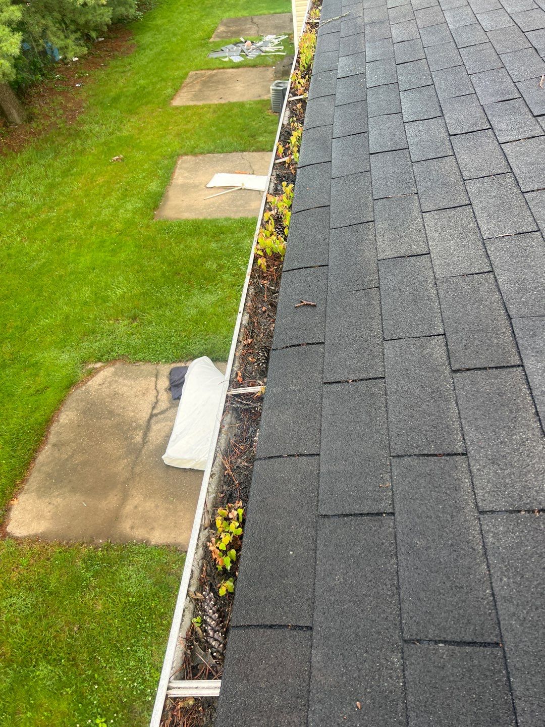 Commercial gutter cleaning Terre Haute, IN before photo with filled gutters