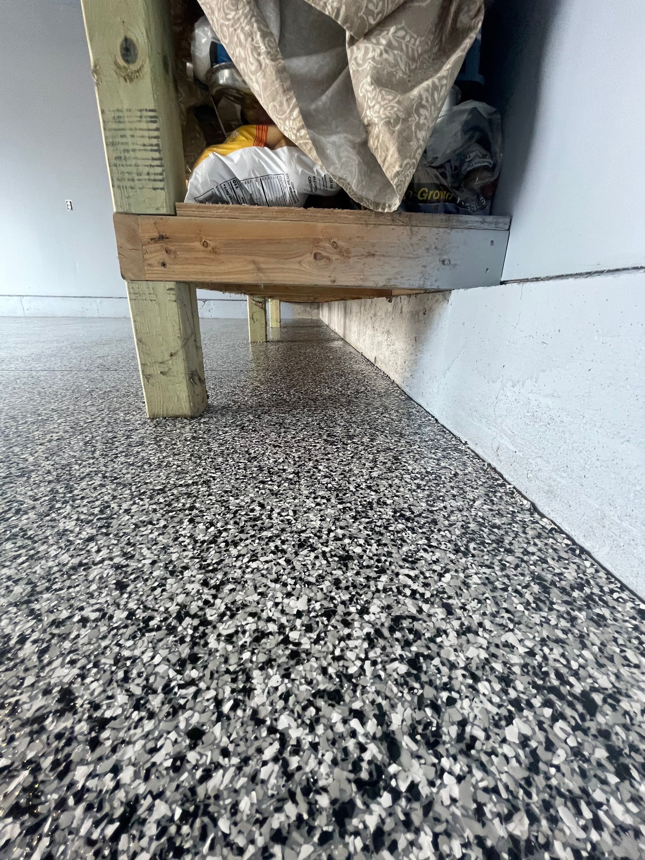 Grey Granite-Style Garage Floor Coating and Stairs in Hartford by Select Painting, Coatings & Garage Cabinets