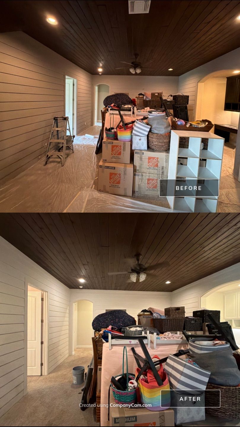 Before and after photo of a bonus room repainted by Hill Country Painting in Driftwood, TX