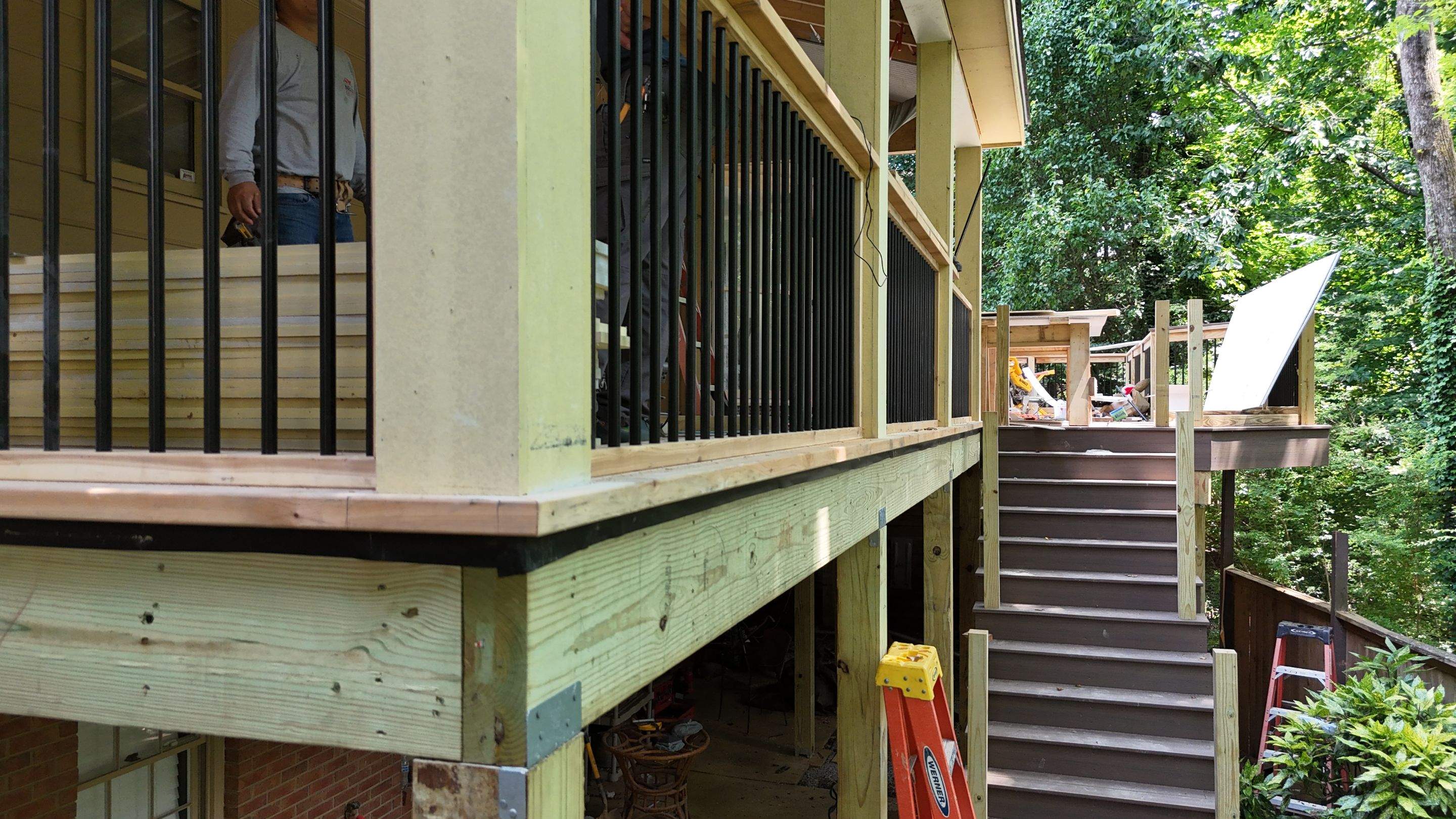 Deckorators Voyage Deck and Shed Style Covered Porch Build with Drink Rail by Nelson Exteriors 