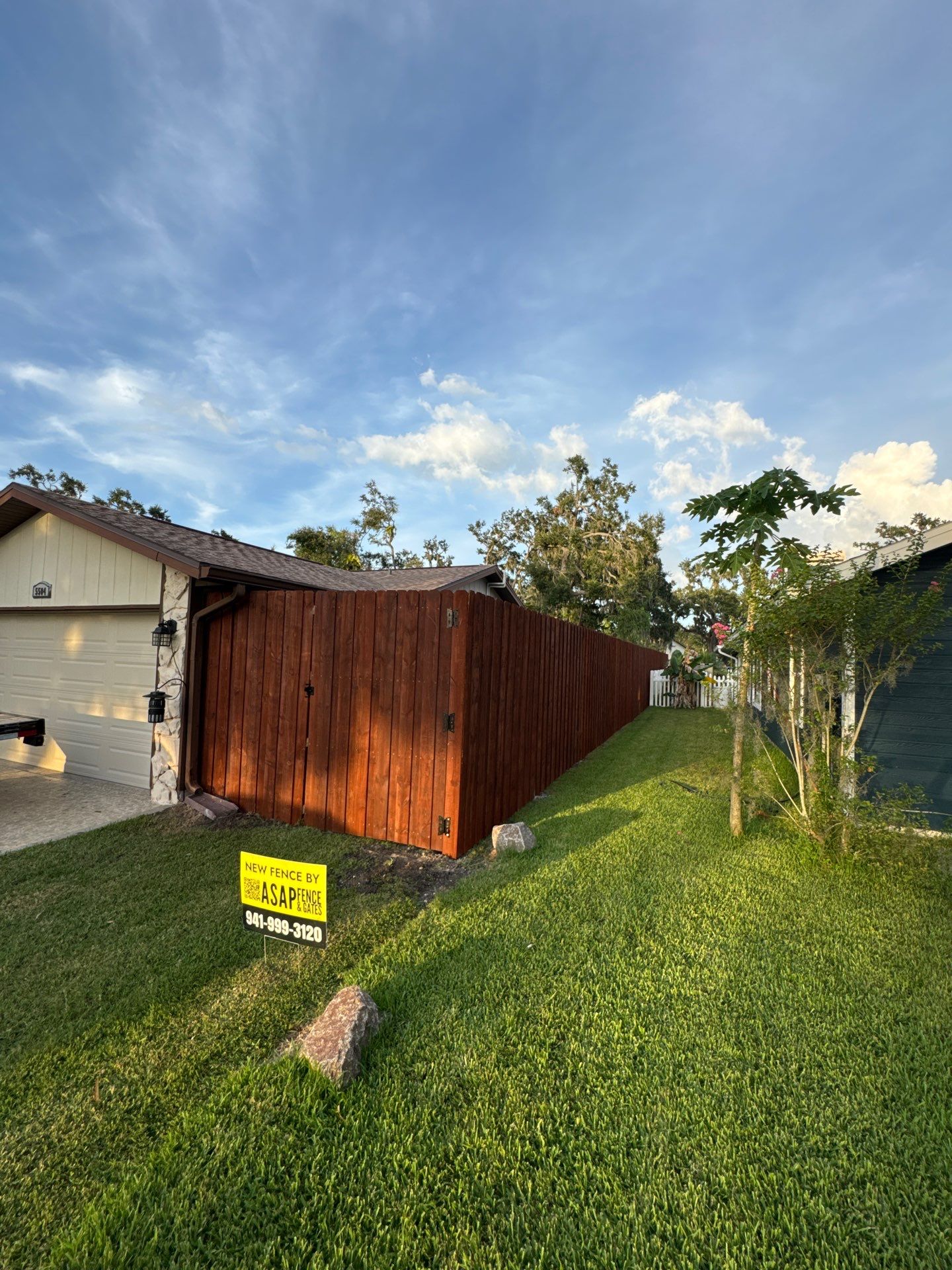 Wood Fence Installation using Pre-stained Pine Board On Board by Asap fence and gates, LLC