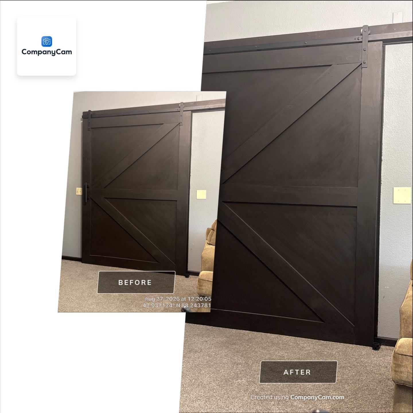 Dark-Stained Wood Sliding Barn Door Installation in Waukesha by CompanyCam Sales Demo